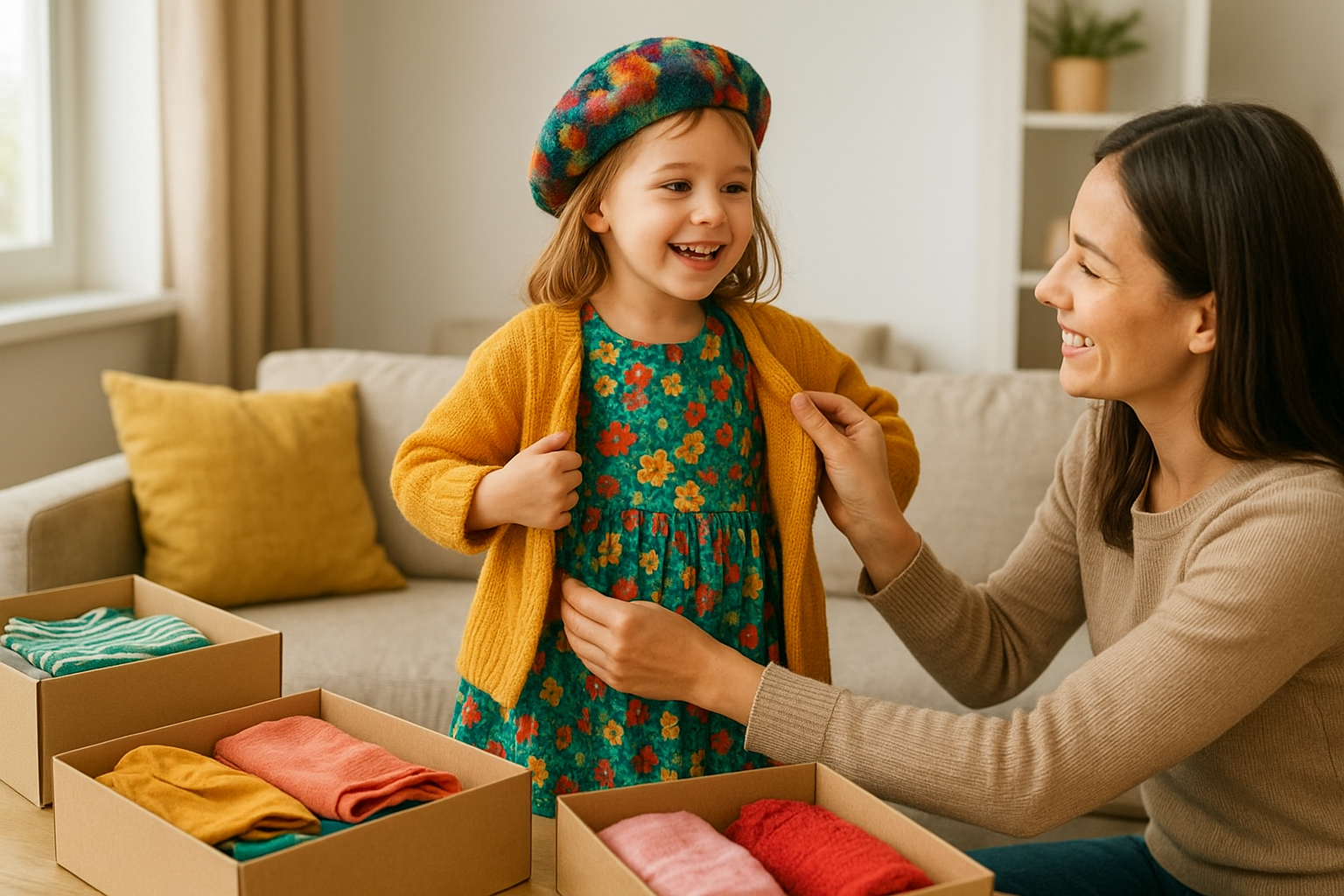 Parent helping child try on clothes from an affordable kids fashion rental service box