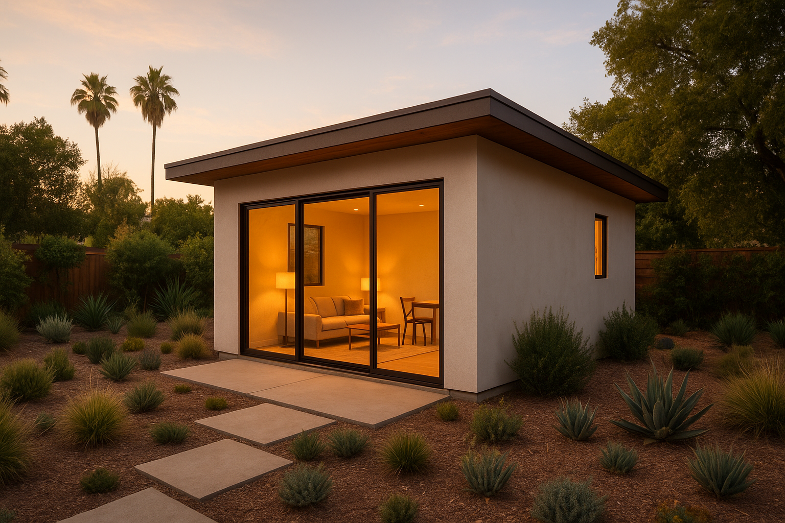 Detached guest house built in a Southern California backyard with modern stucco exterior and glass doors
