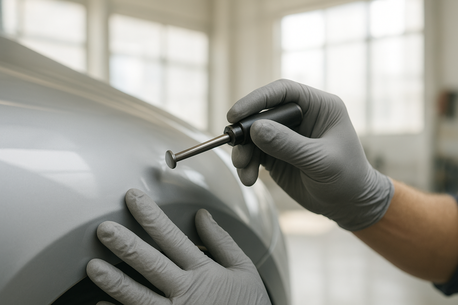 Technician using paintless dent removal tool during minor fender repair Brea CA service