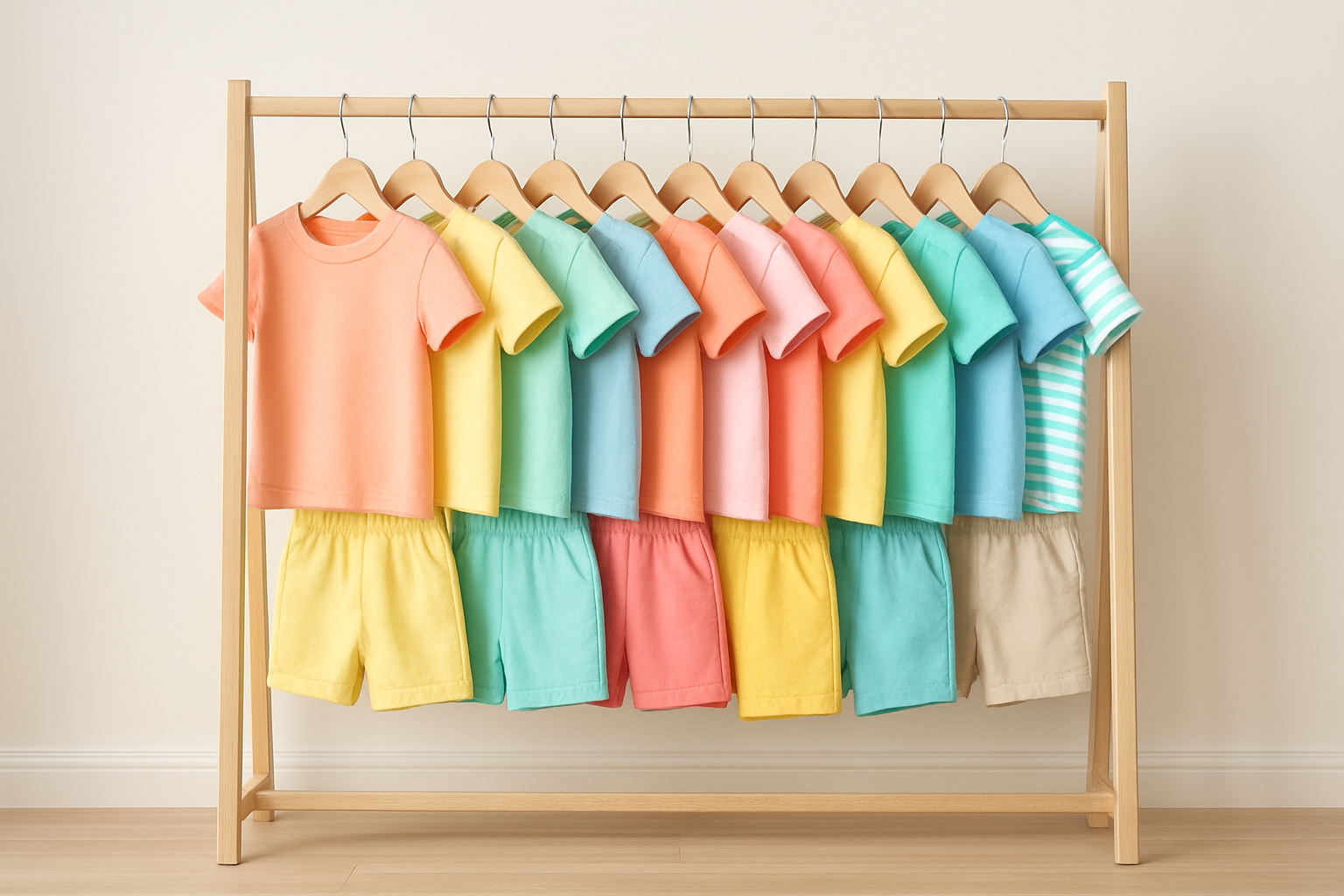 Organized rack of children's summer clothing on sale in bright pastel colors