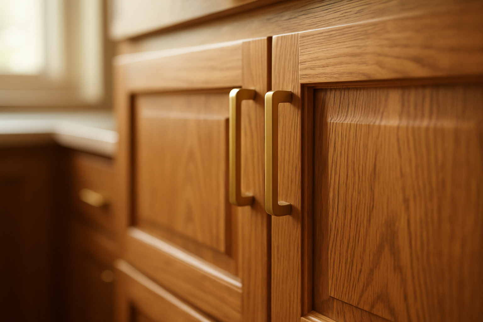 Warm oak wood grain cabinet doors with brushed brass hardware reflecting natural wood finish cabinet style trends