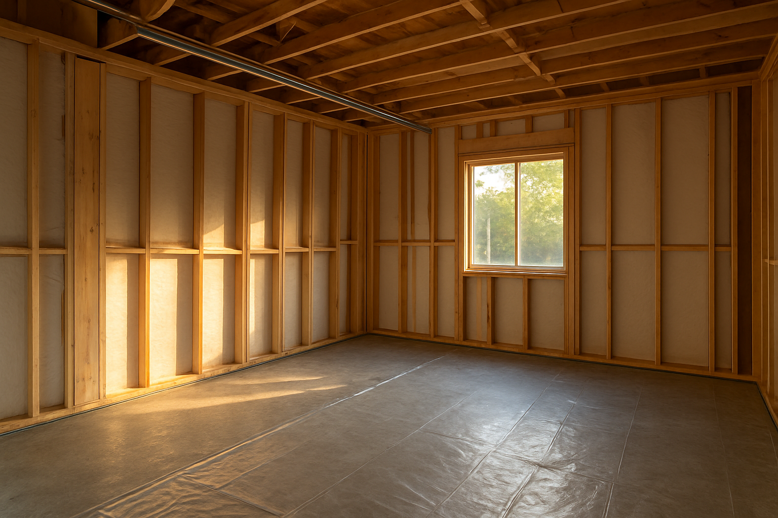 Garage mid-conversion into an accessory dwelling unit showing framing and insulation work