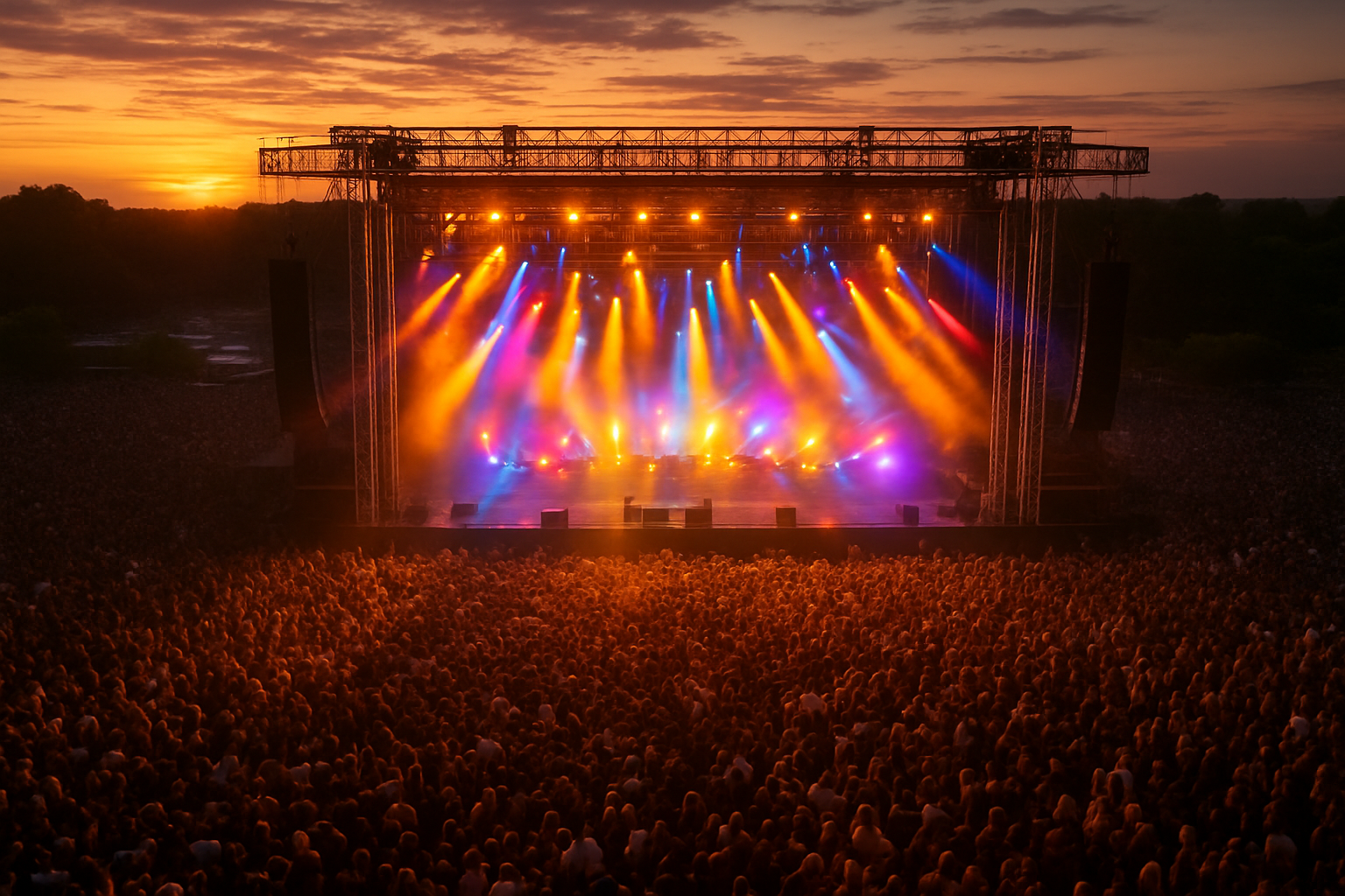 Aerial view of large-scale outdoor festival stage with professional lighting truss and crowd during on-site event production