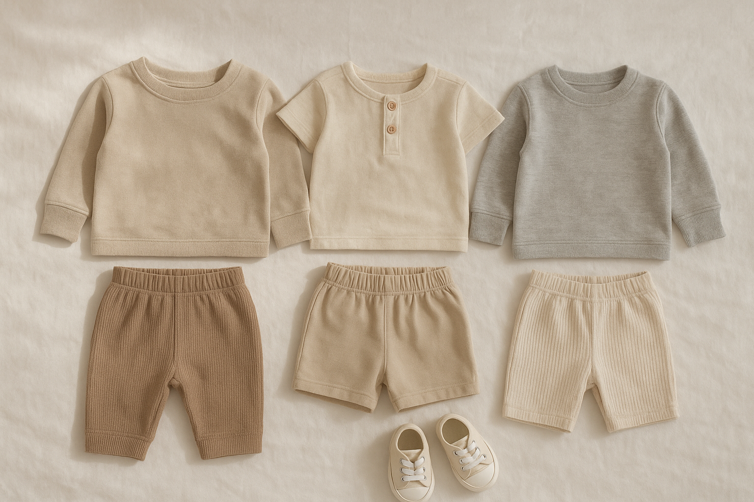 A minimalist capsule wardrobe of neutral children's clothing laid out on a white bed