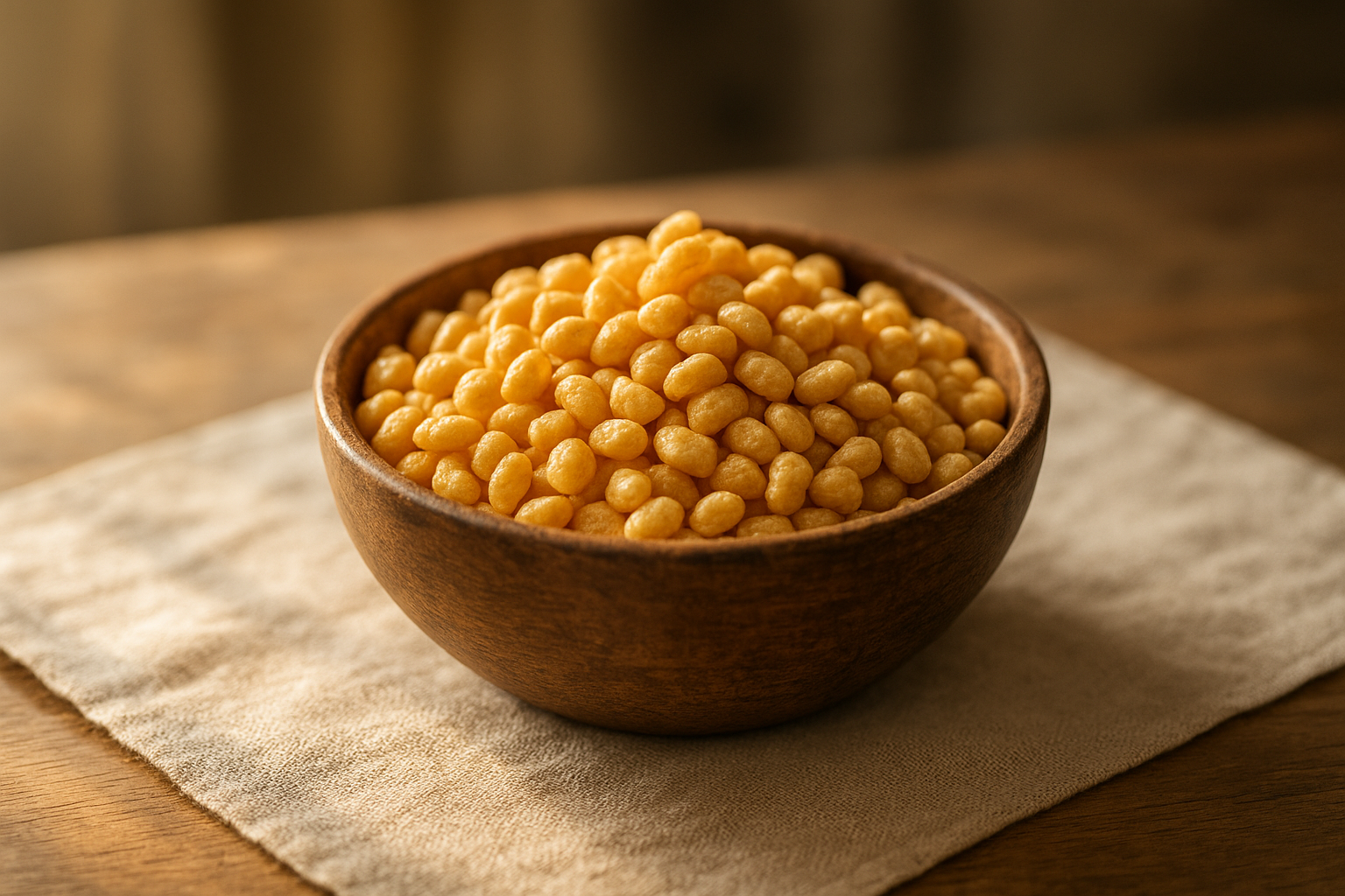 Bowl of seed oil free cereal made from puffed whole grains on a breakfast table