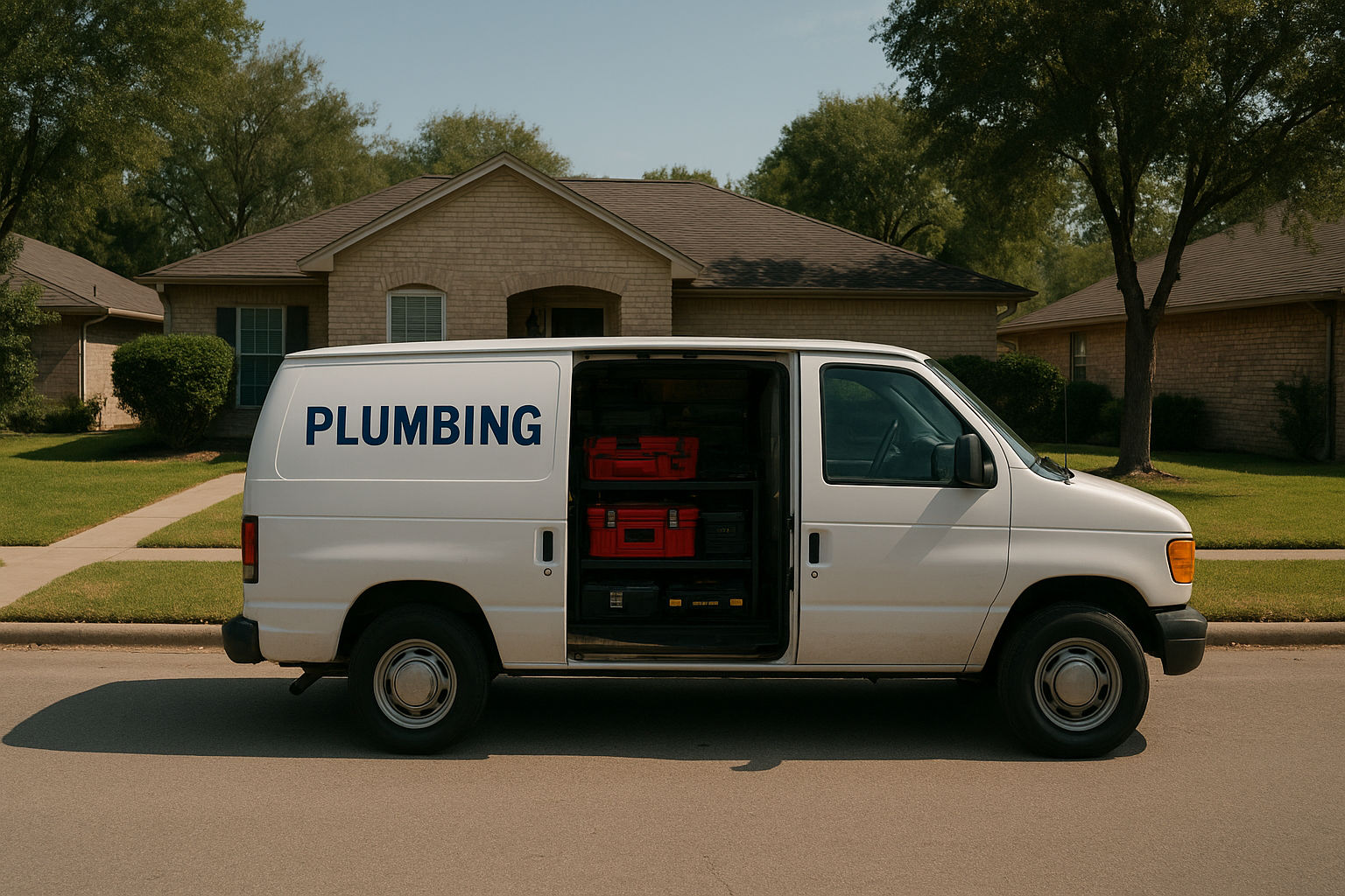 38b044b2_plumbing-van-terrell-service Family plumbing company service van outside a Terrell TX home scheduled for repiping work