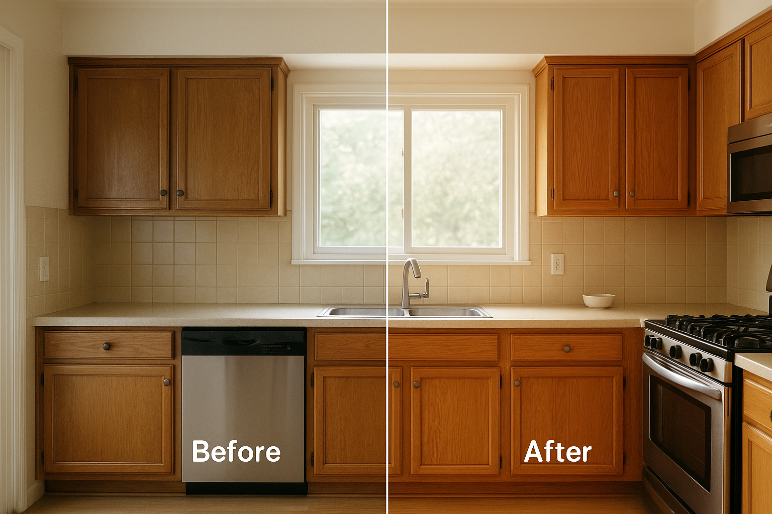 Local cabinet refinishing services transforming outdated kitchen cabinets into a modern design