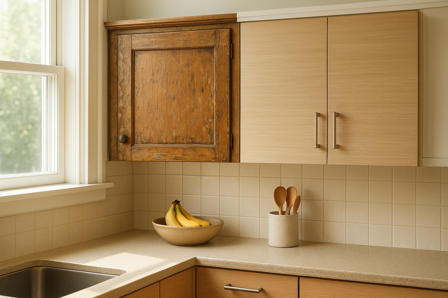 Before and after comparison showing the pros and cons of cabinet refacing on a kitchen cabinet door