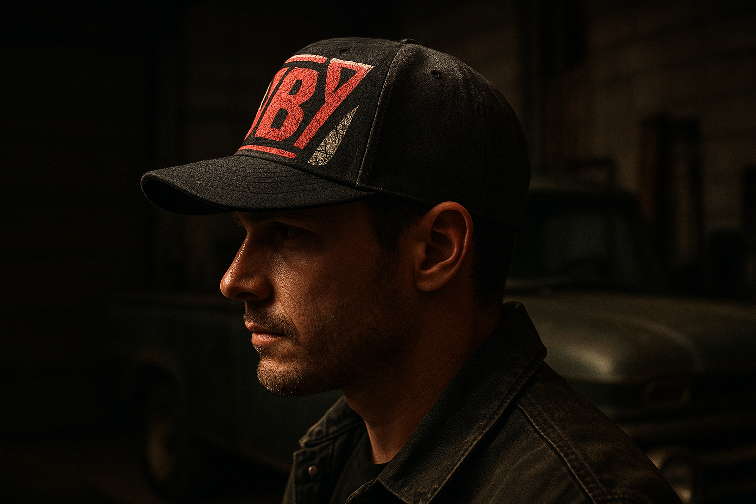 Person wearing a structured baseball cap with a bold vintage graphic near a classic truck
