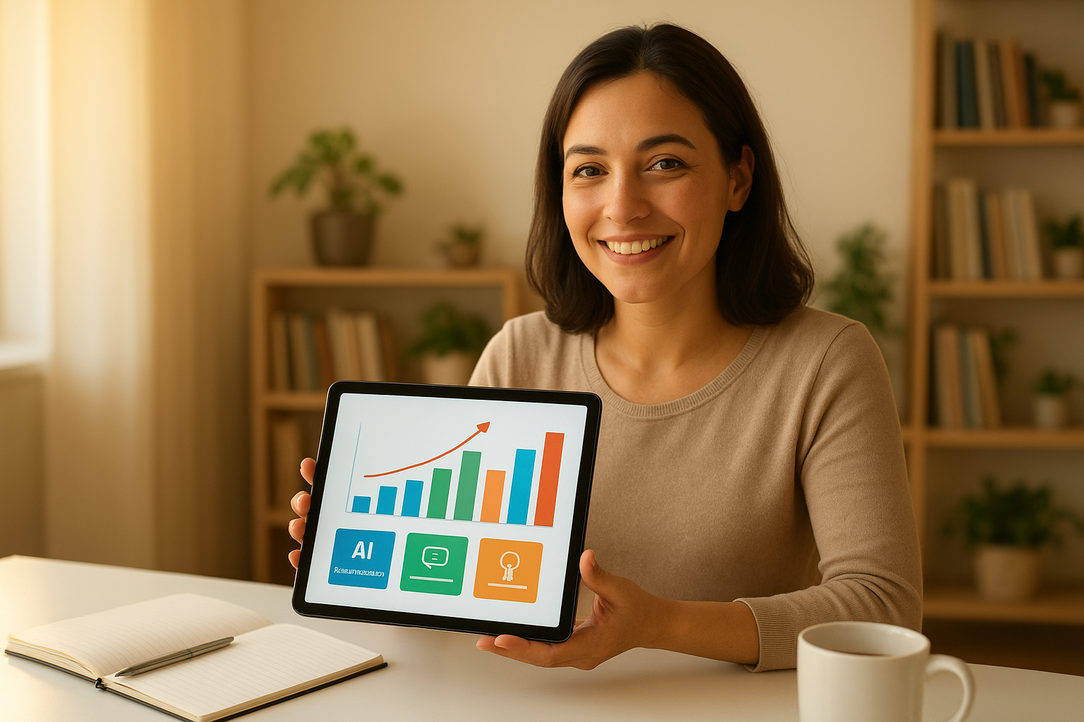 Small business owner using AI marketing tools on a tablet to review growth analytics and campaign recommendations