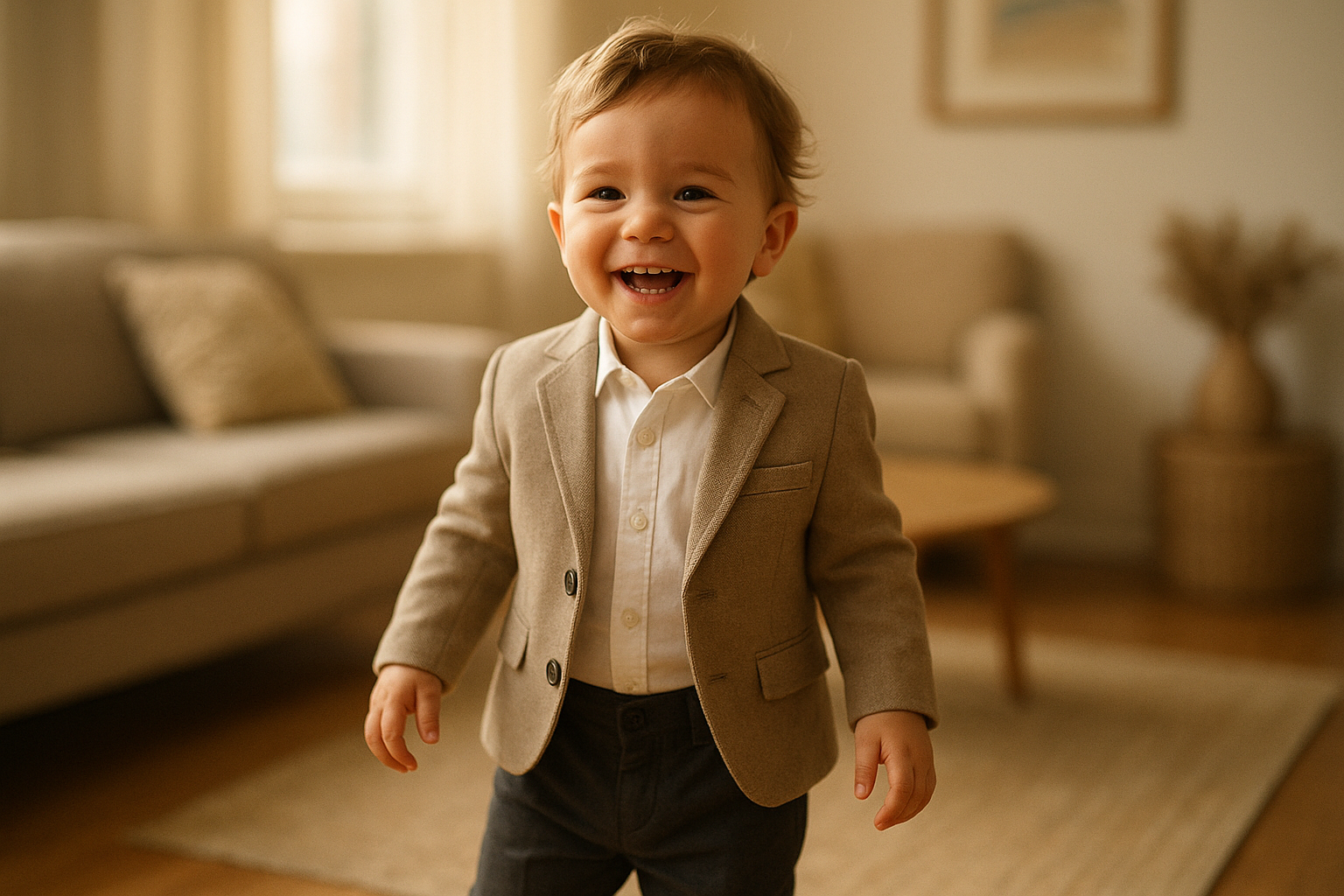 Young child wearing stylish premium clothing received through a children's clothing subscription service