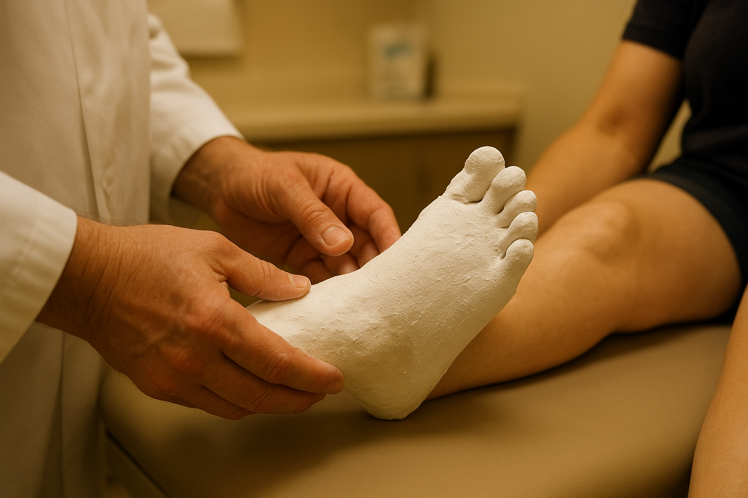 Podiatrist taking a custom foot mold during an orthotics fitting process