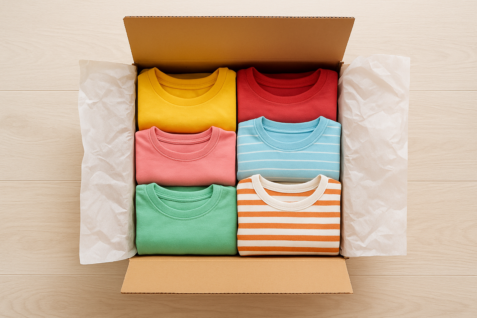 Children's clothing rental subscription box packed with premium garments ready for delivery