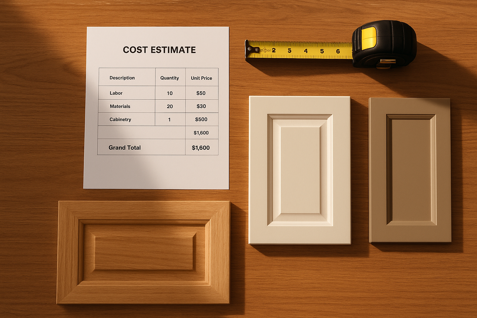 Cost estimate sheet and cabinet material samples used to compare kitchen renovation pricing options