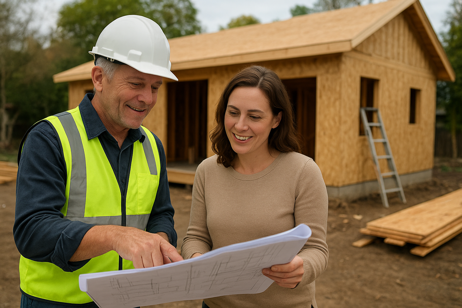 Contractor and homeowner discussing adu grant program funding options on a job site