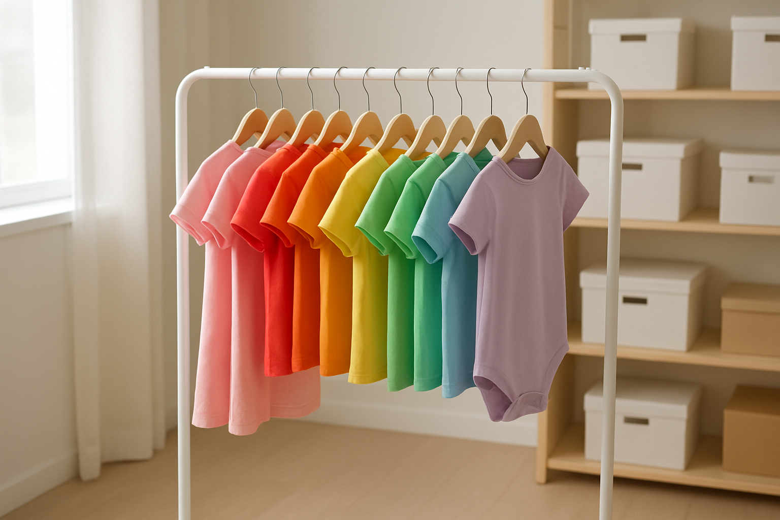 Colorful rack of children's clothing available through a budget-friendly kids fashion rental service