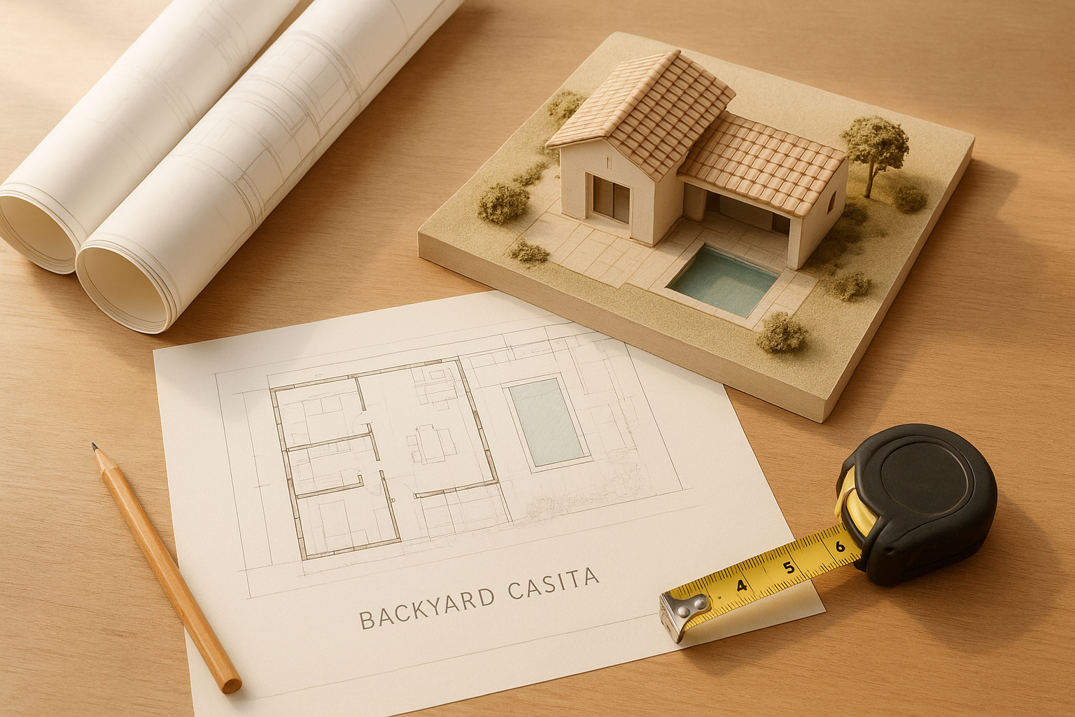 Architectural blueprints and scale model representing casita permitting and design planning