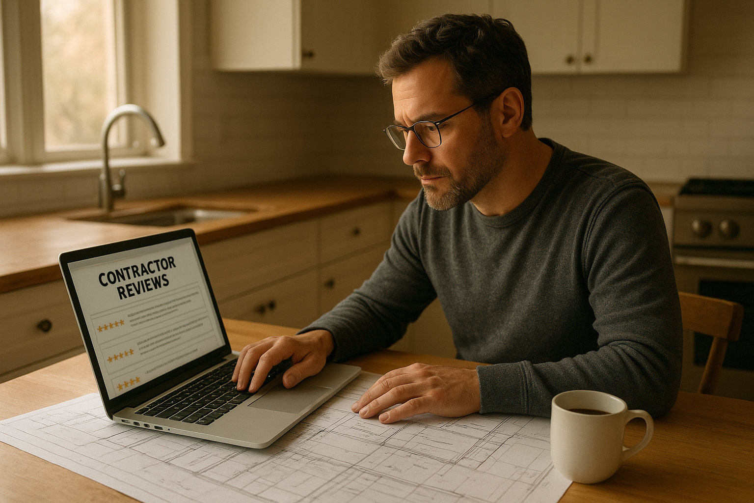 Homeowner researching contractor reviews for an ADU project on a laptop