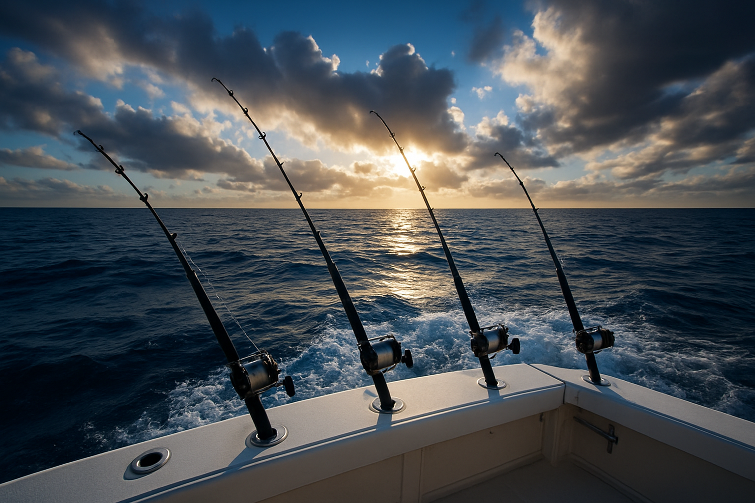 Bent fishing rods on a charter boat during a Gulf Stream deep sea fishing trip