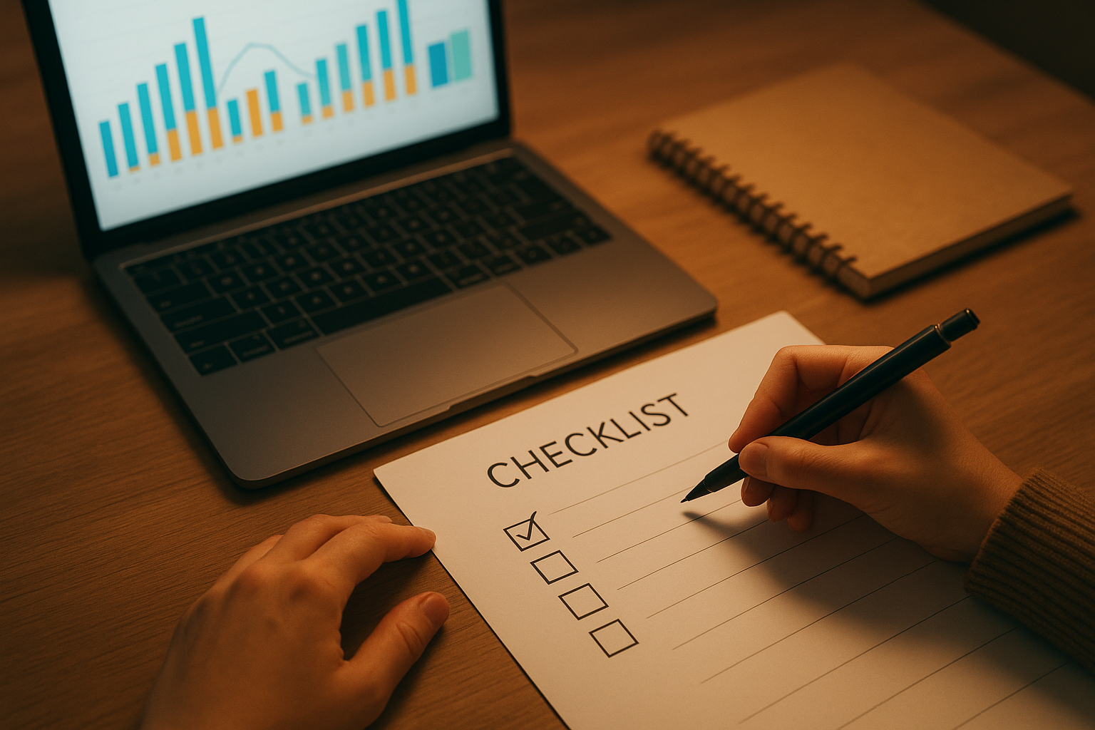 SEO professional writing a website audit checklist beside a laptop displaying ranking analytics