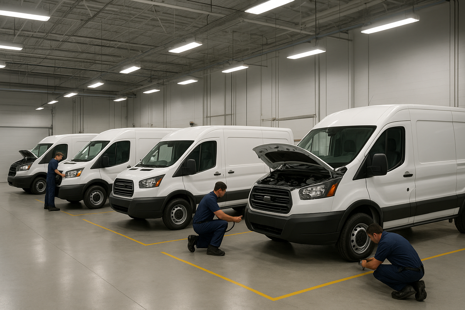 Technicians performing Brea fleet vehicle repair on several commercial vans in a repair bay