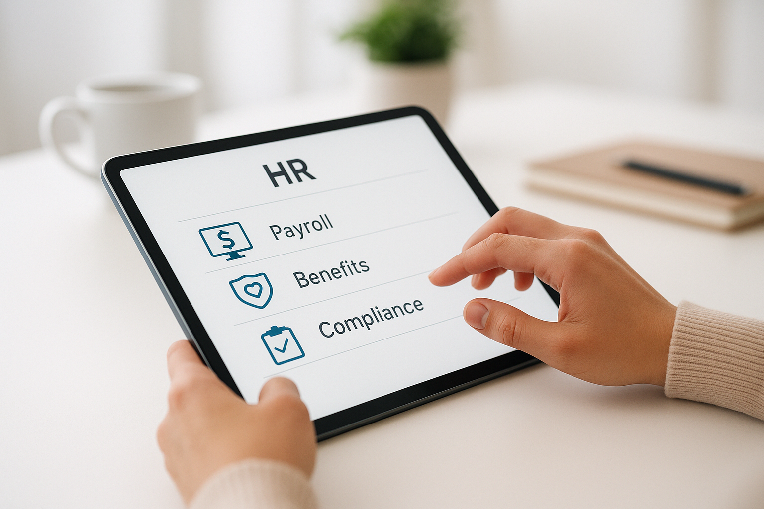 HR professional comparing features of a cloud-based HR system on a tablet