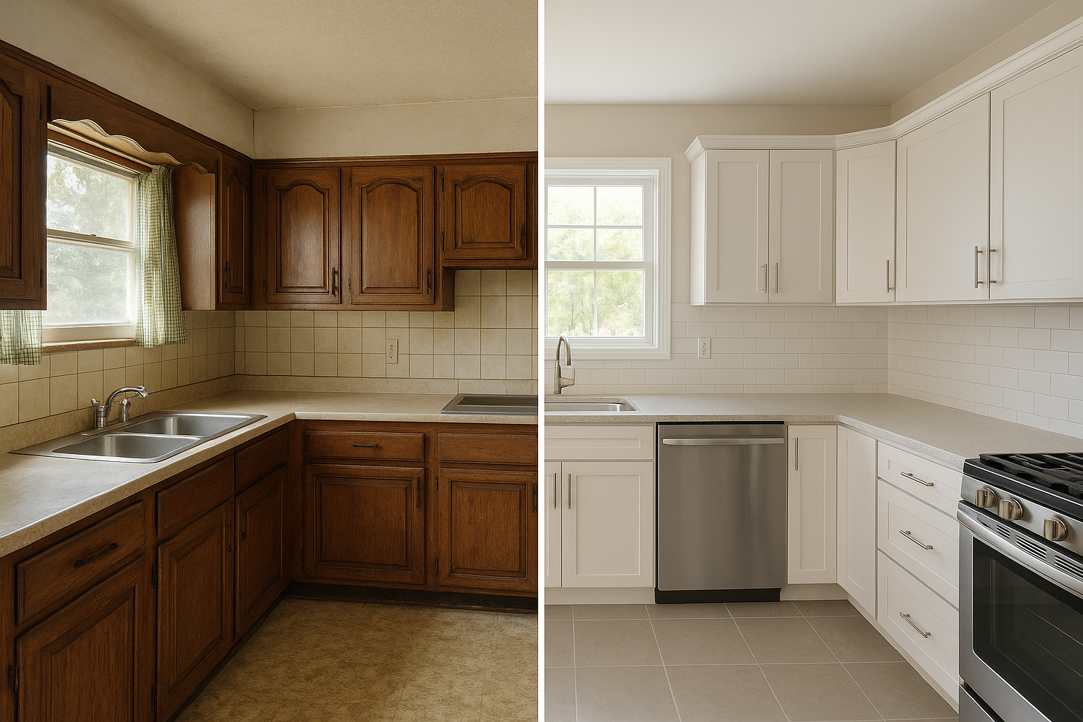 Side-by-side before and after photos of dated cabinets transformed through cabinet refacing
