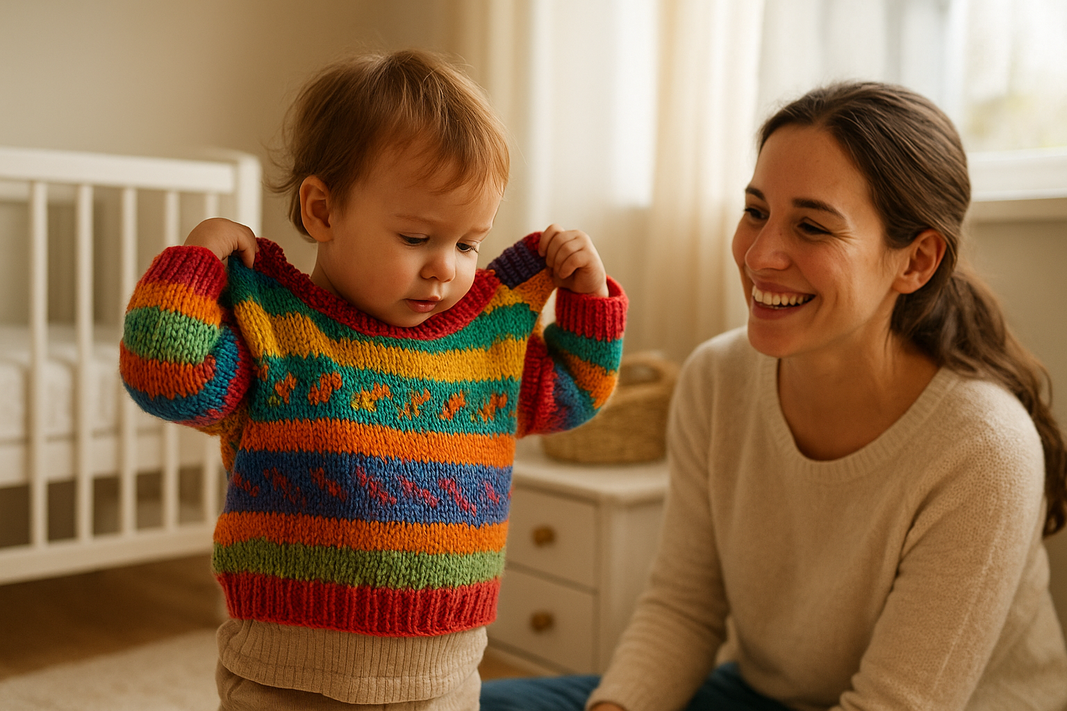 Parent and toddler trying on clothing from a children's clothing rental subscription