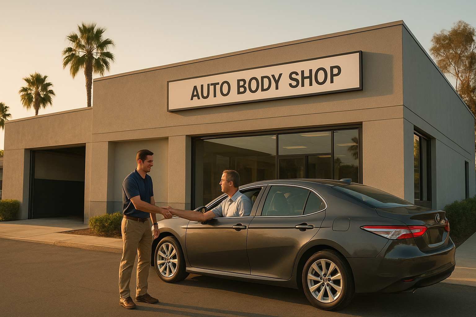 Exterior of an insurance approved body shop in Brea with advisor greeting a customer