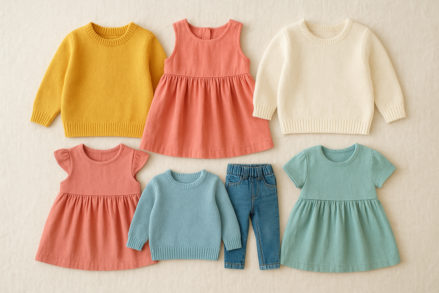 Curated selection of fashionable children's attire laid out for a clothing rental subscription
