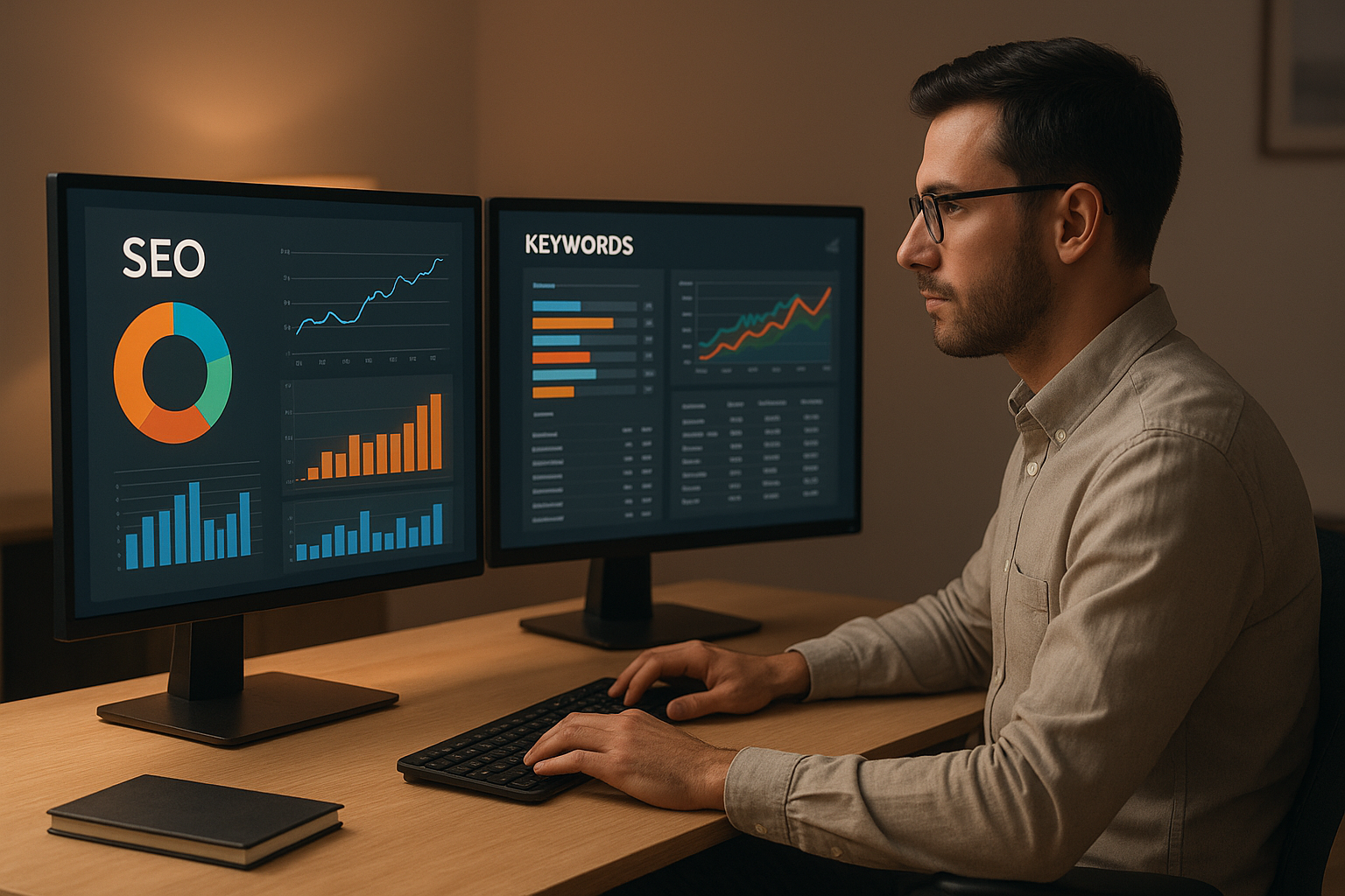 Professional conducting keyword research on dual monitors with SEO analytics dashboards