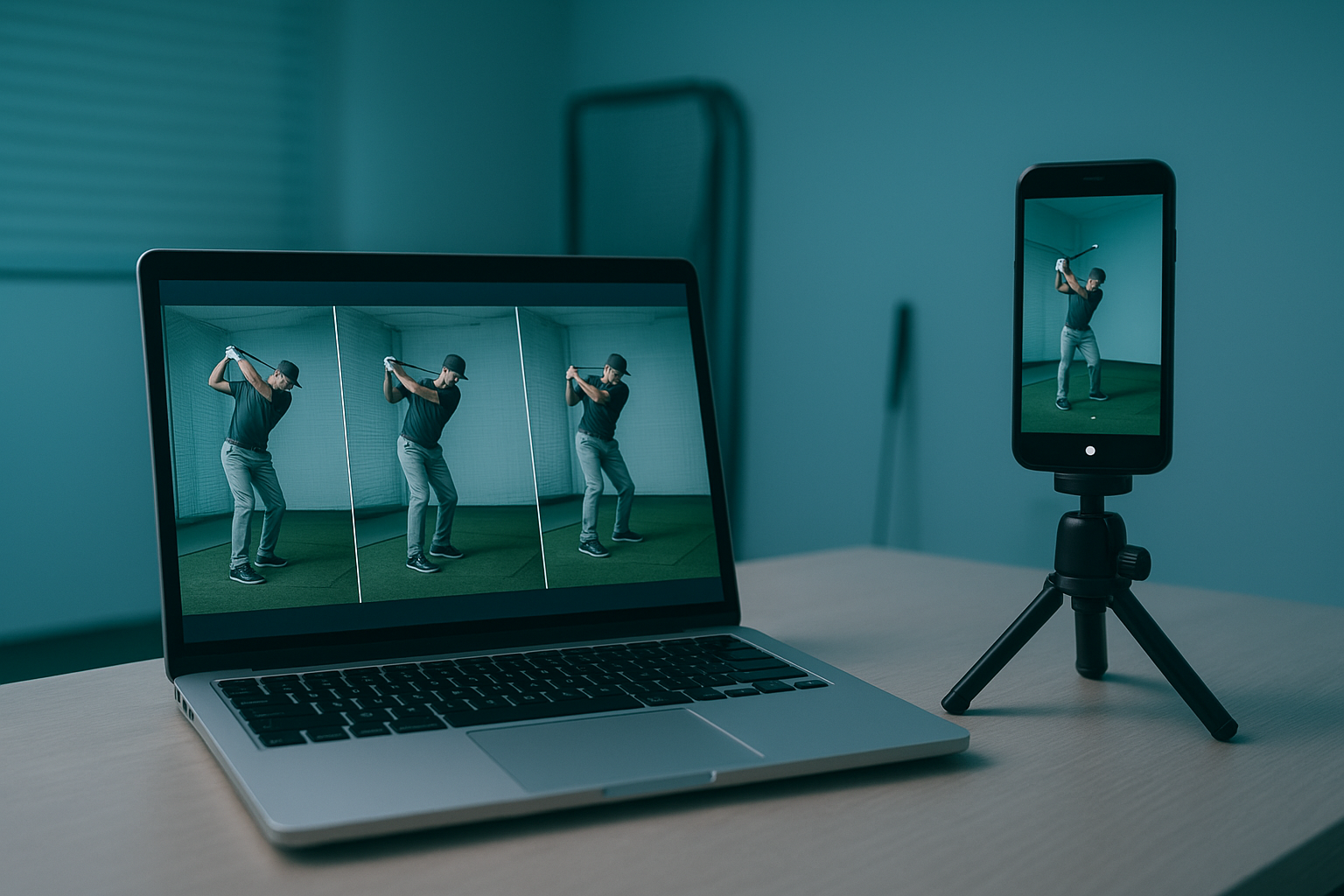 Video swing analysis setup used in a golf training routine for technical feedback
