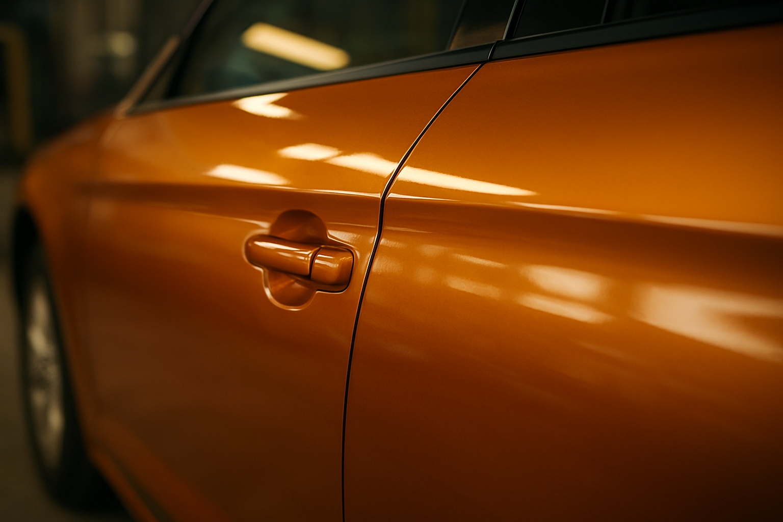 freshly painted car door panel with smooth glossy finish in auto body shop