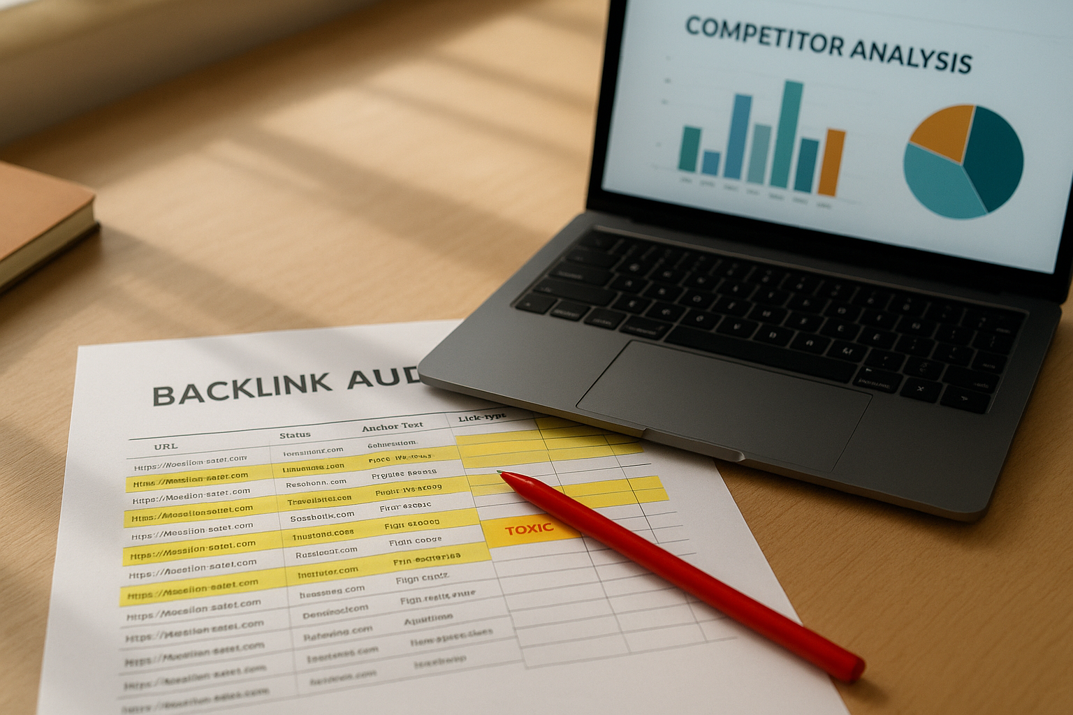 Printed backlink audit report with toxic links highlighted next to a competitor analysis screen
