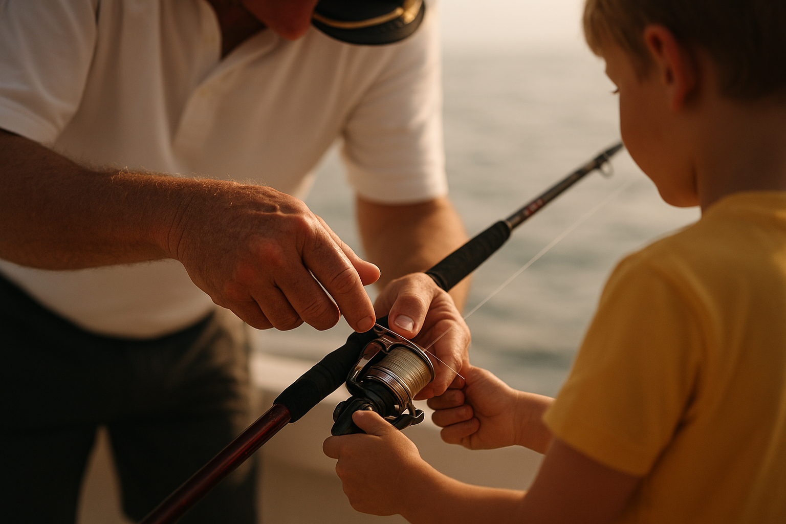 Captain assisting a child during a private family fishing charter in Myrtle Beach