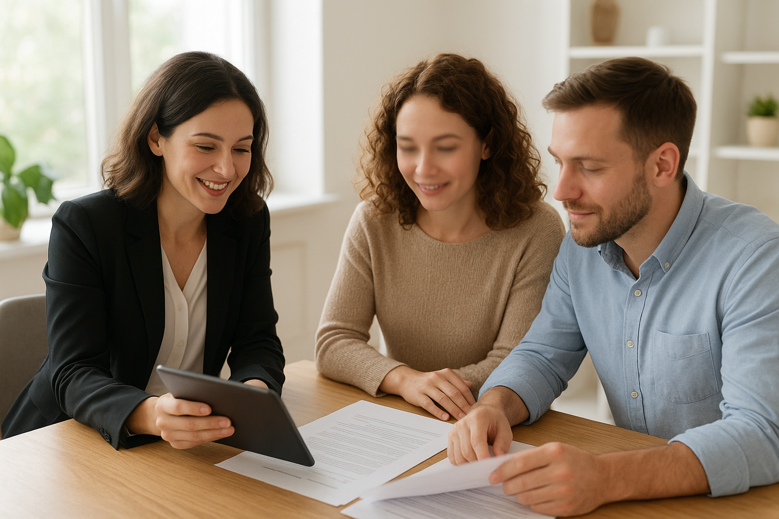 Real estate agent reviewing home buying strategy with clients at a table