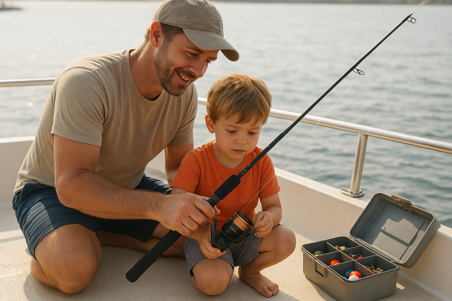 Charter captain teaching a young beginner how to reel in a fish during an inshore charter