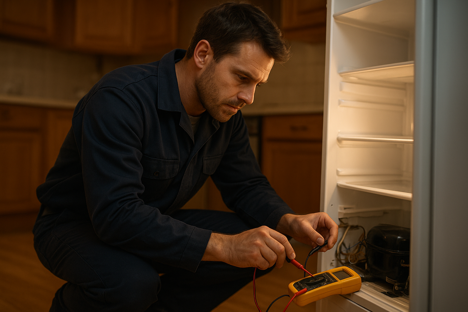 Technician performing a dedicated appliance repair job on a refrigerator's electrical components