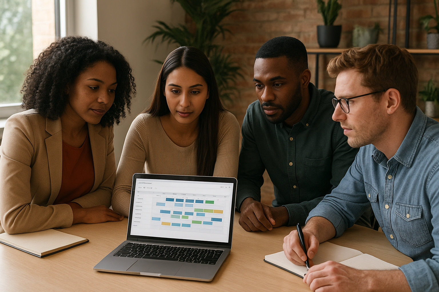 Small business team reviewing a staffing schedule that includes a half-time role