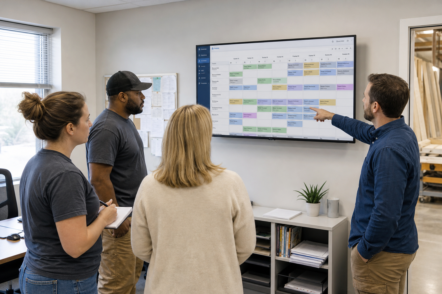 Office and production staff reviewing a job board screen used to track kitchen remodeling production