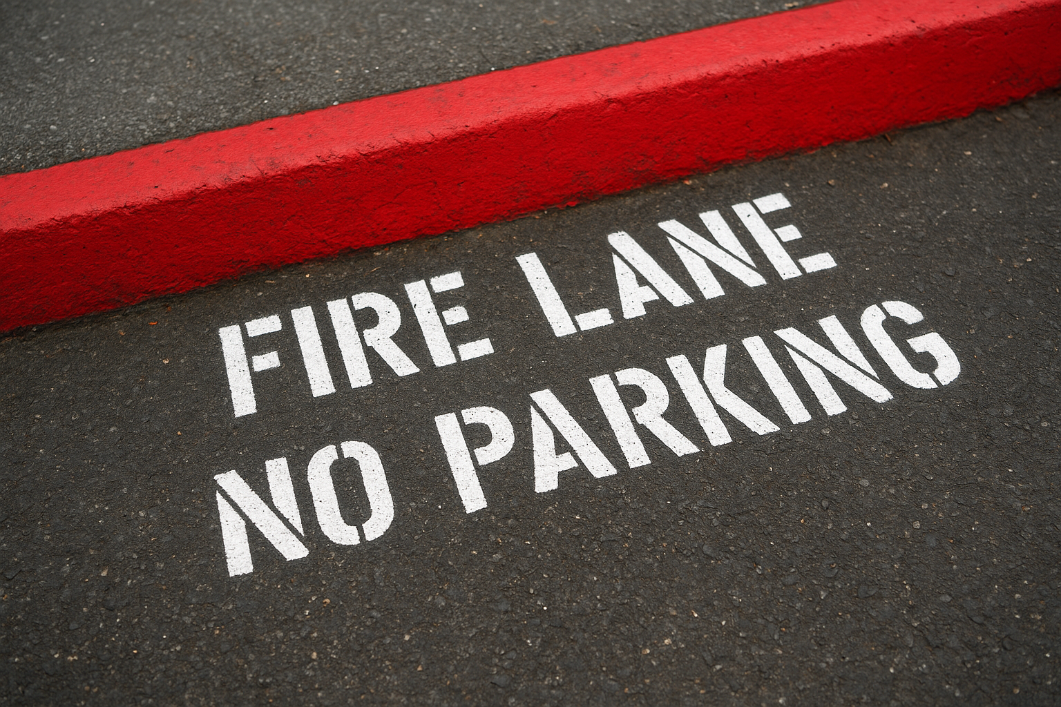 Freshly painted fire lane marking on a commercial parking lot curb