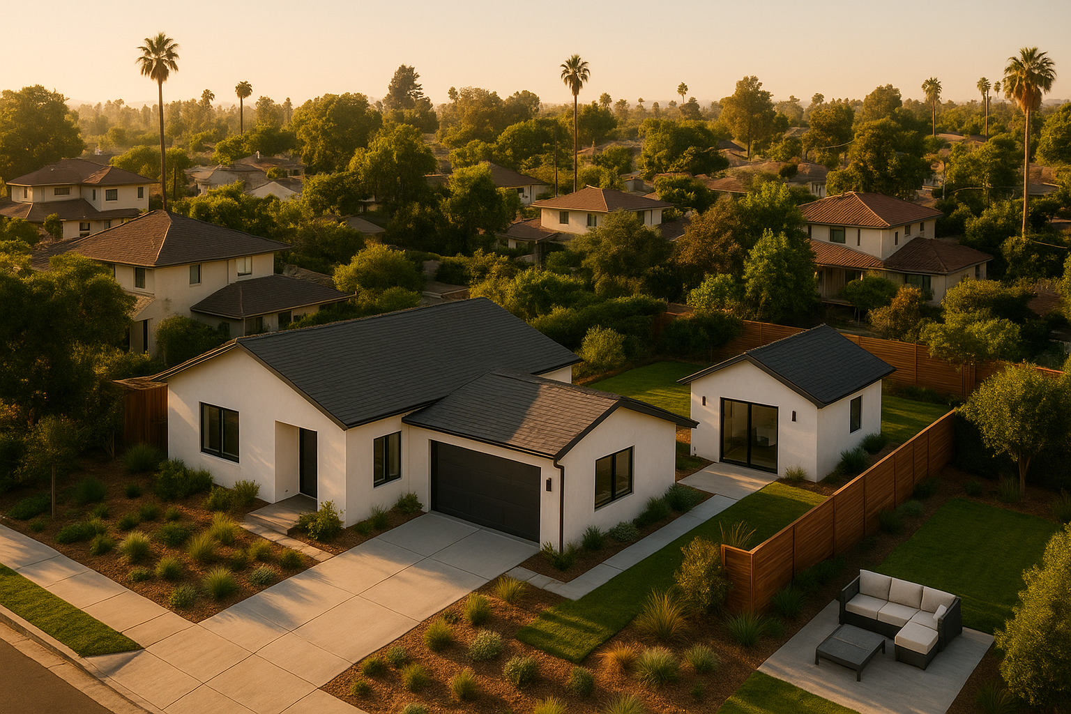 Aerial view of a Southern California home with a detached ADU in the backyard illustrating adu zoning laws compliance