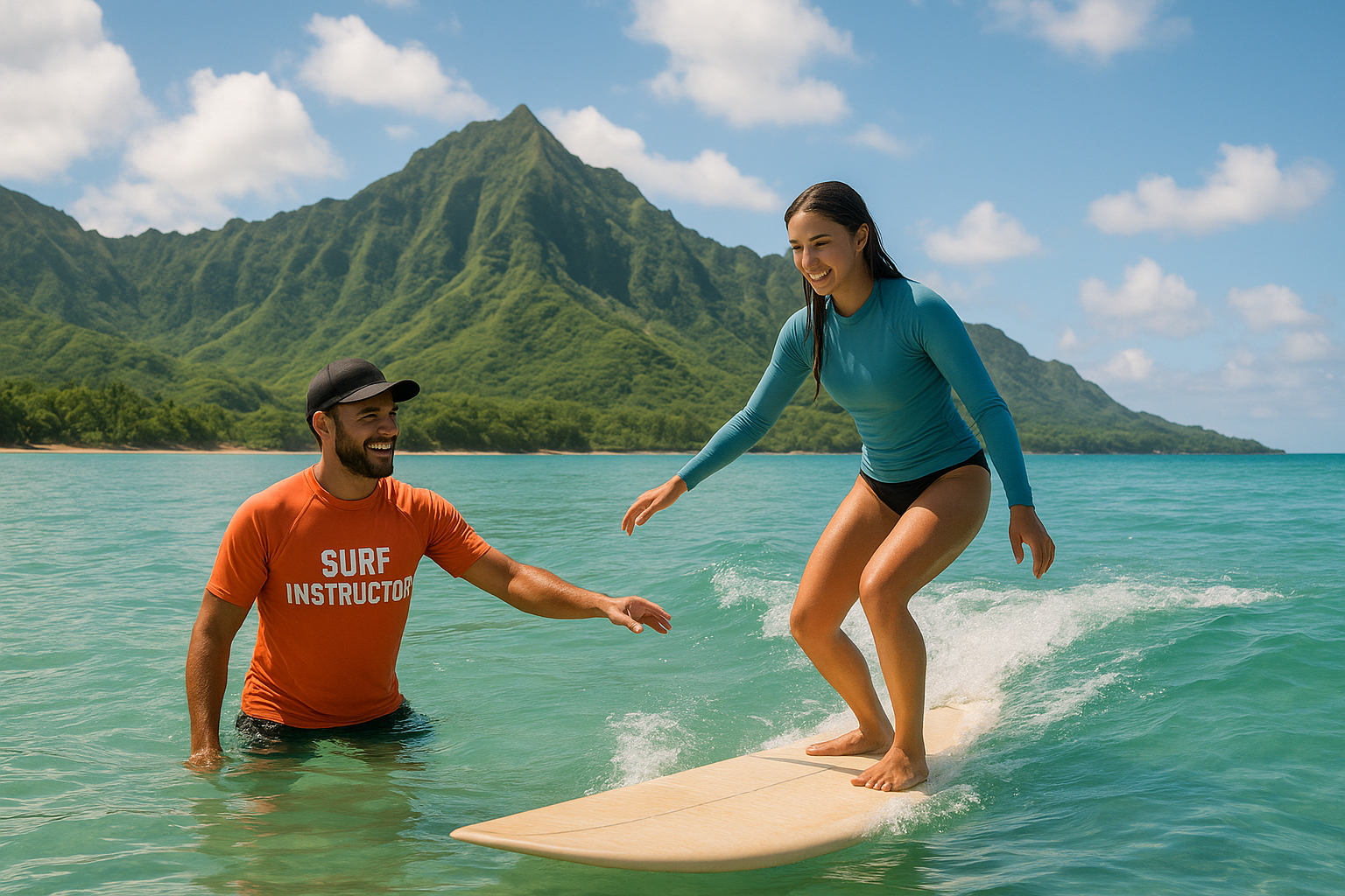 Surf instructor guiding a student on a longboard through a small wave during an Oahu surf lesson