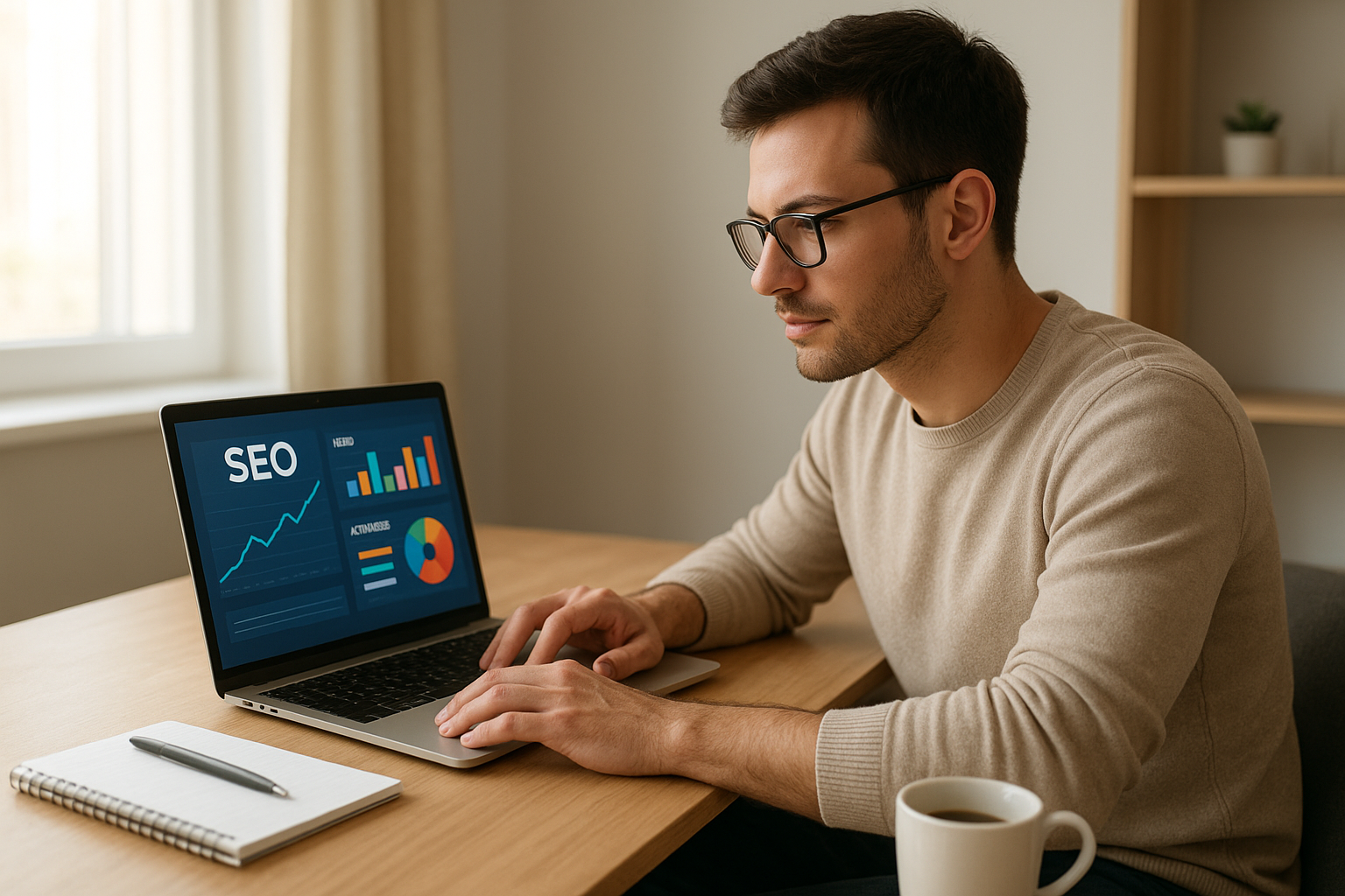 Freelance marketer reviewing SEO analytics dashboard on a laptop in a home office