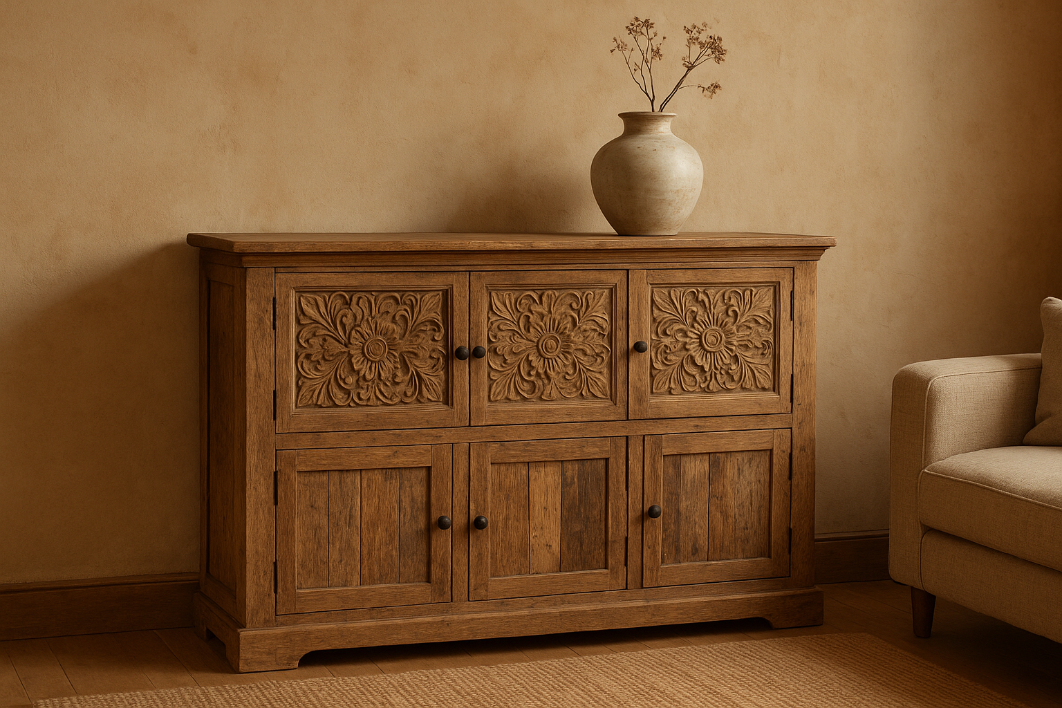 Solid wood sideboard with carved details styled in a rustic living room