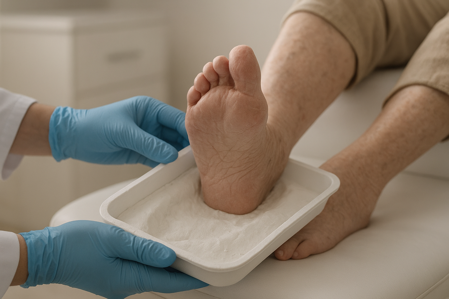 Podiatrist creating a custom foot mold as part of professional foot care solutions
