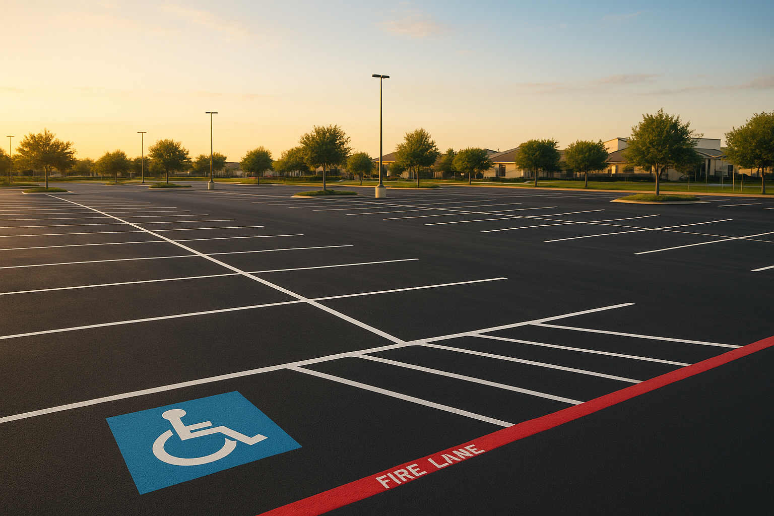Well-organized commercial parking lot with white stall lines, ADA markings, and fire lane designations in a Texas suburban setting