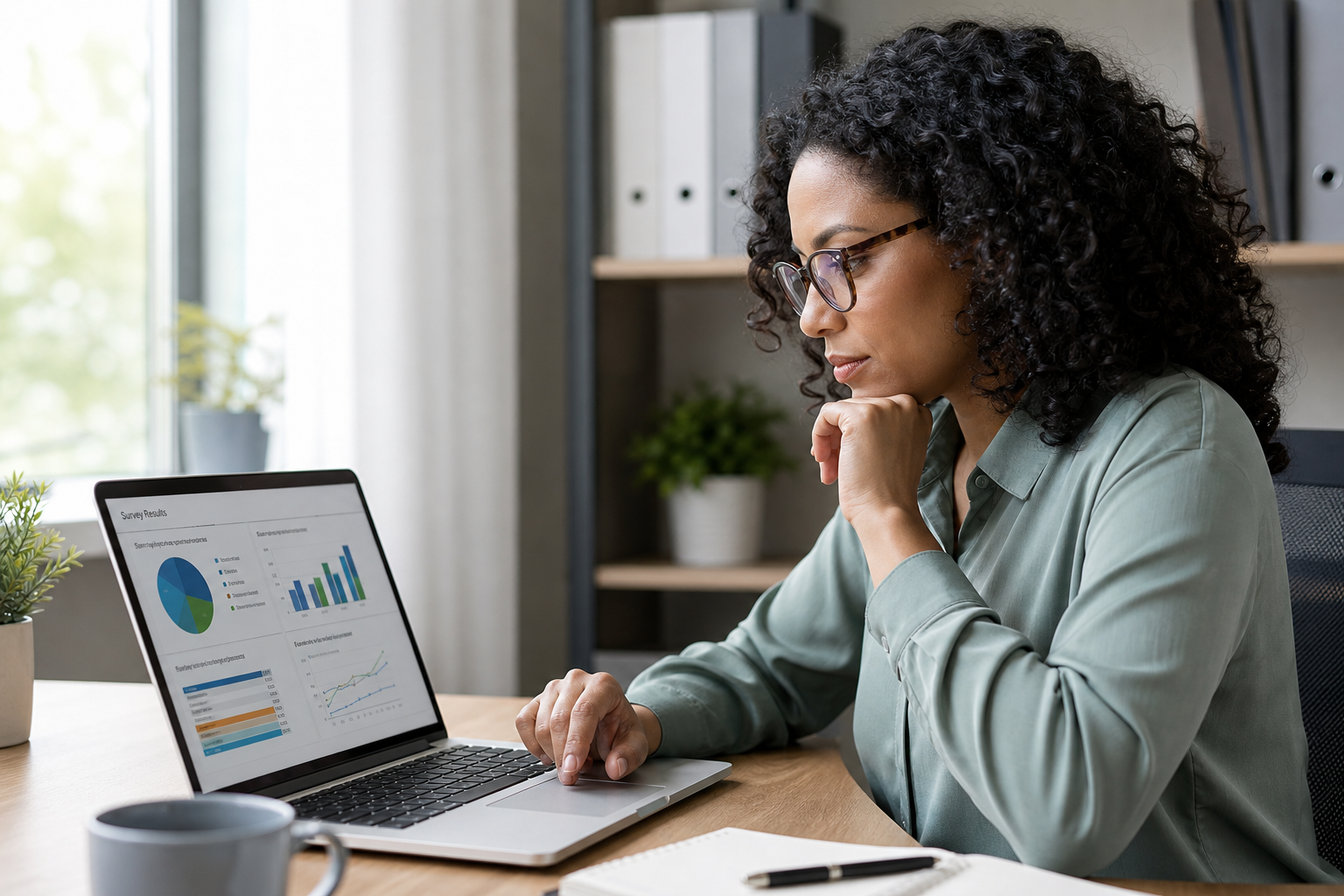 HR professional reviewing employee engagement survey data on a laptop