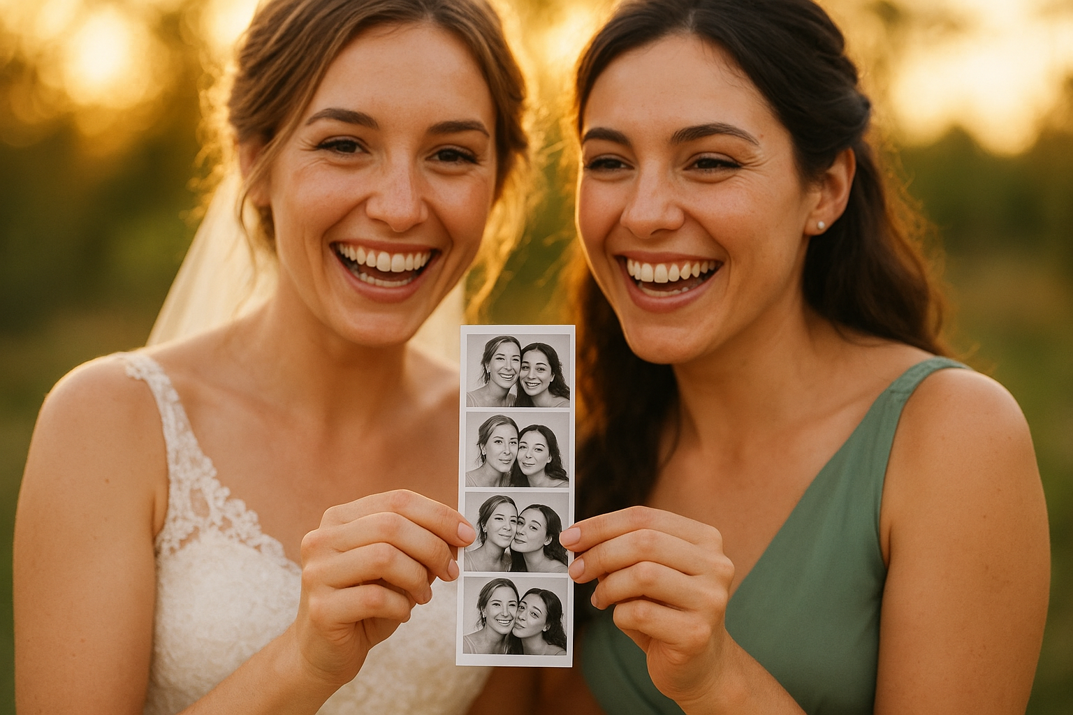 Wedding guests holding a printed photo strip from a wedding photo booth rental