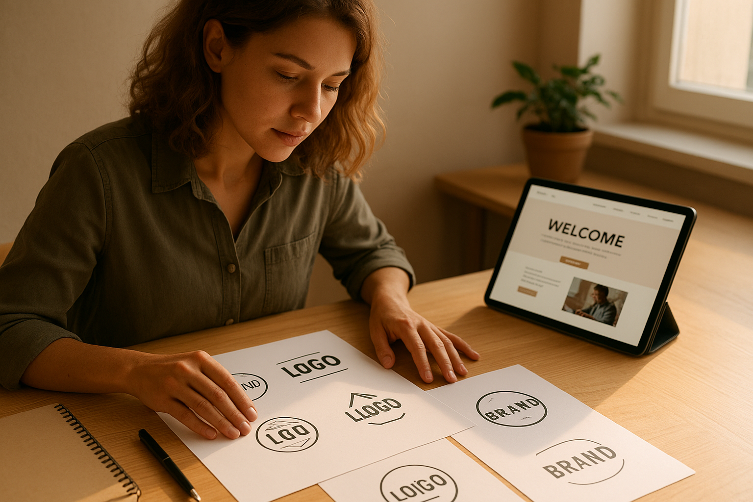 Small business owner reviewing logo mockups alongside a website homepage on a tablet